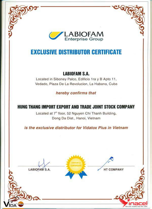 Chứng nhận HT Pharma là Đơn vị độc quyền Nhập khẩu và Phân phối Vidatox Plus tại Việt Nam