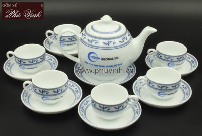 Bộ ấm chén uống trà sứ Bát Tràng viền hạc Phú Vinh